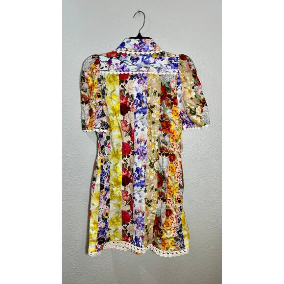 Zimmermann Linen Floral Patchwork Mini Dress Crochet Trim Multicolor NWT - Picture 5 of 11